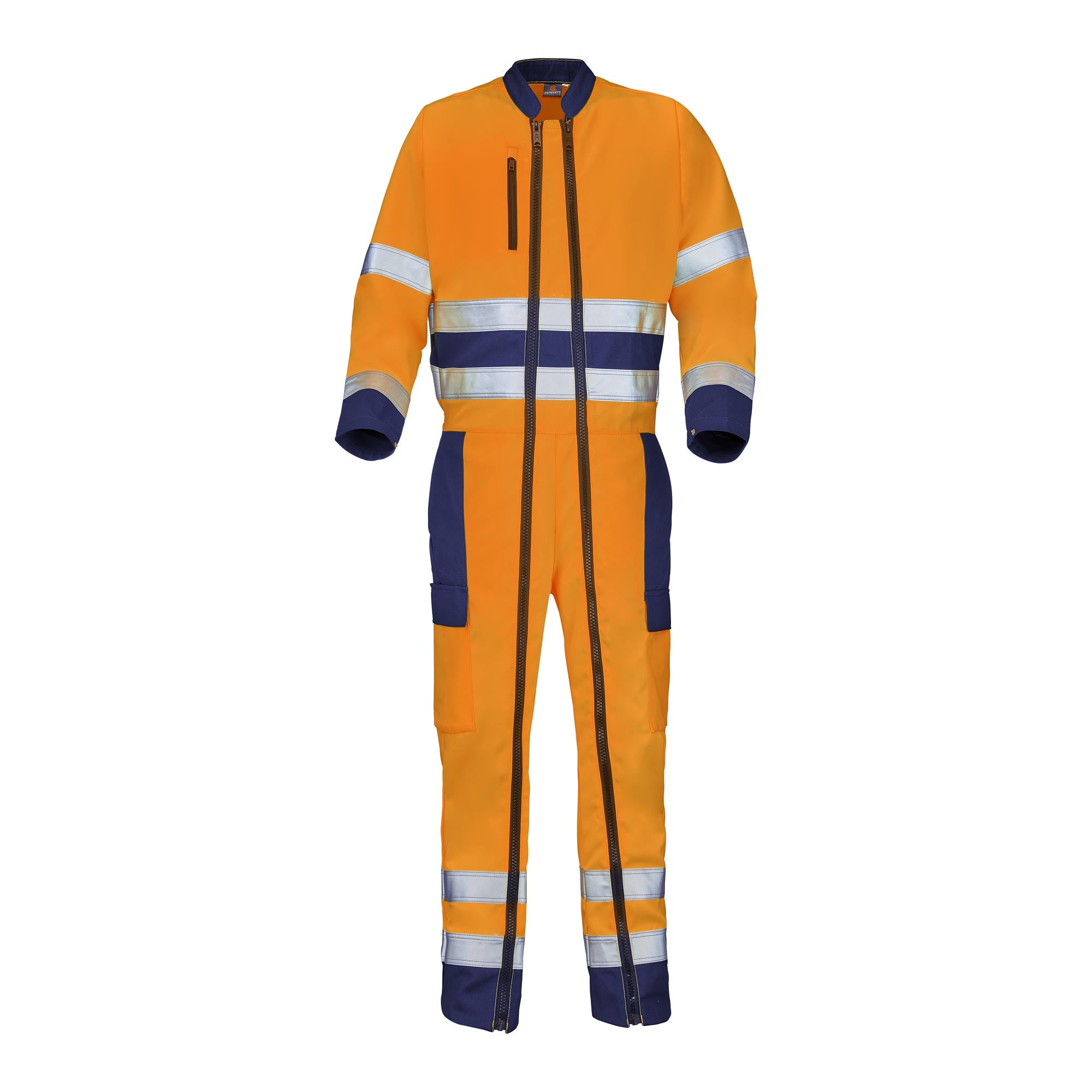 Combinaison 2 zip FLUO BASE XP Orange Fluo / Bleu Marine Haute Visibilité de la marque Cepovett Safety - Photo face