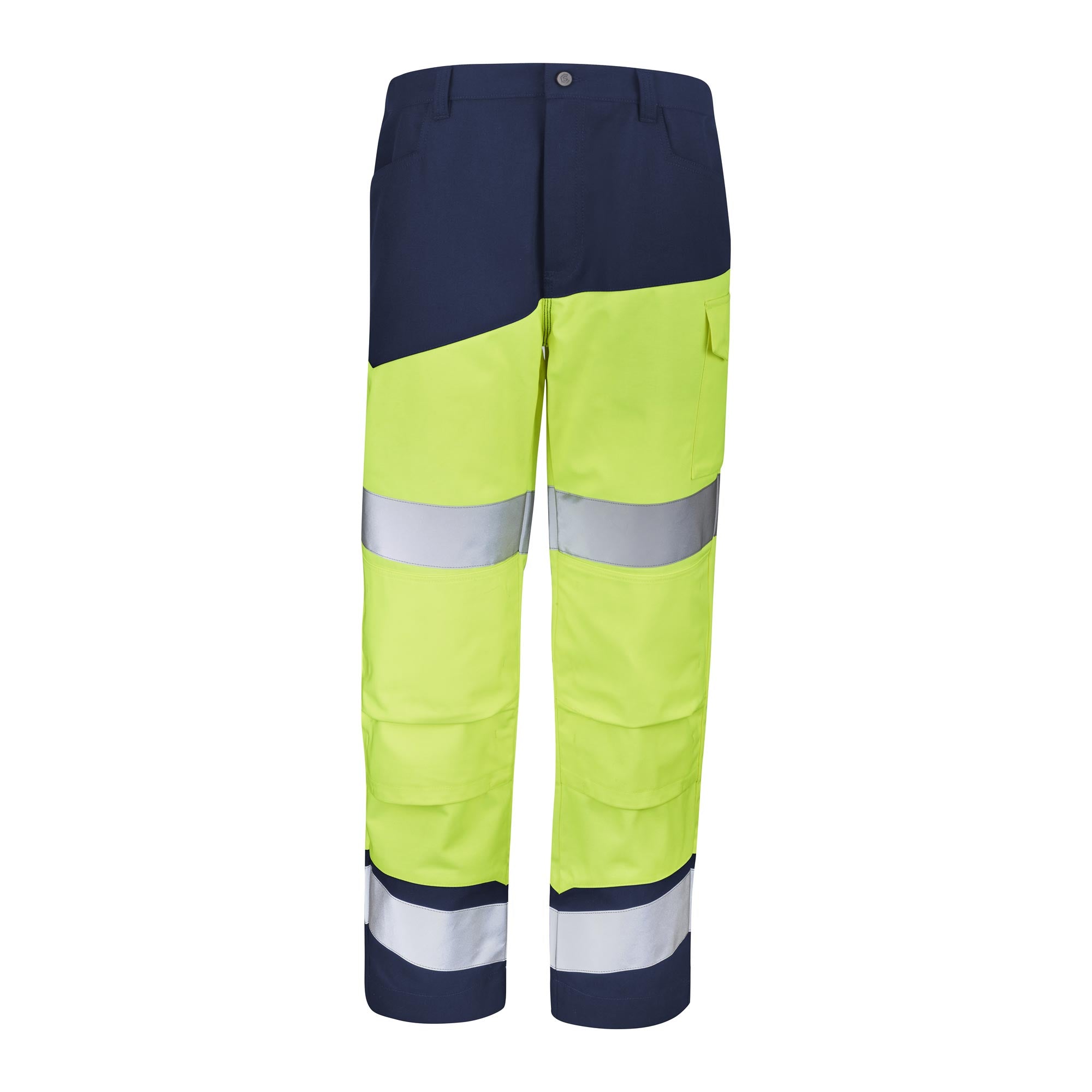 Pantalon poches genoux FLUO SAFE XP Jaune Fluo / Bleu Marine Haute Visibilité de la marque Cepovett Safety - Photo face