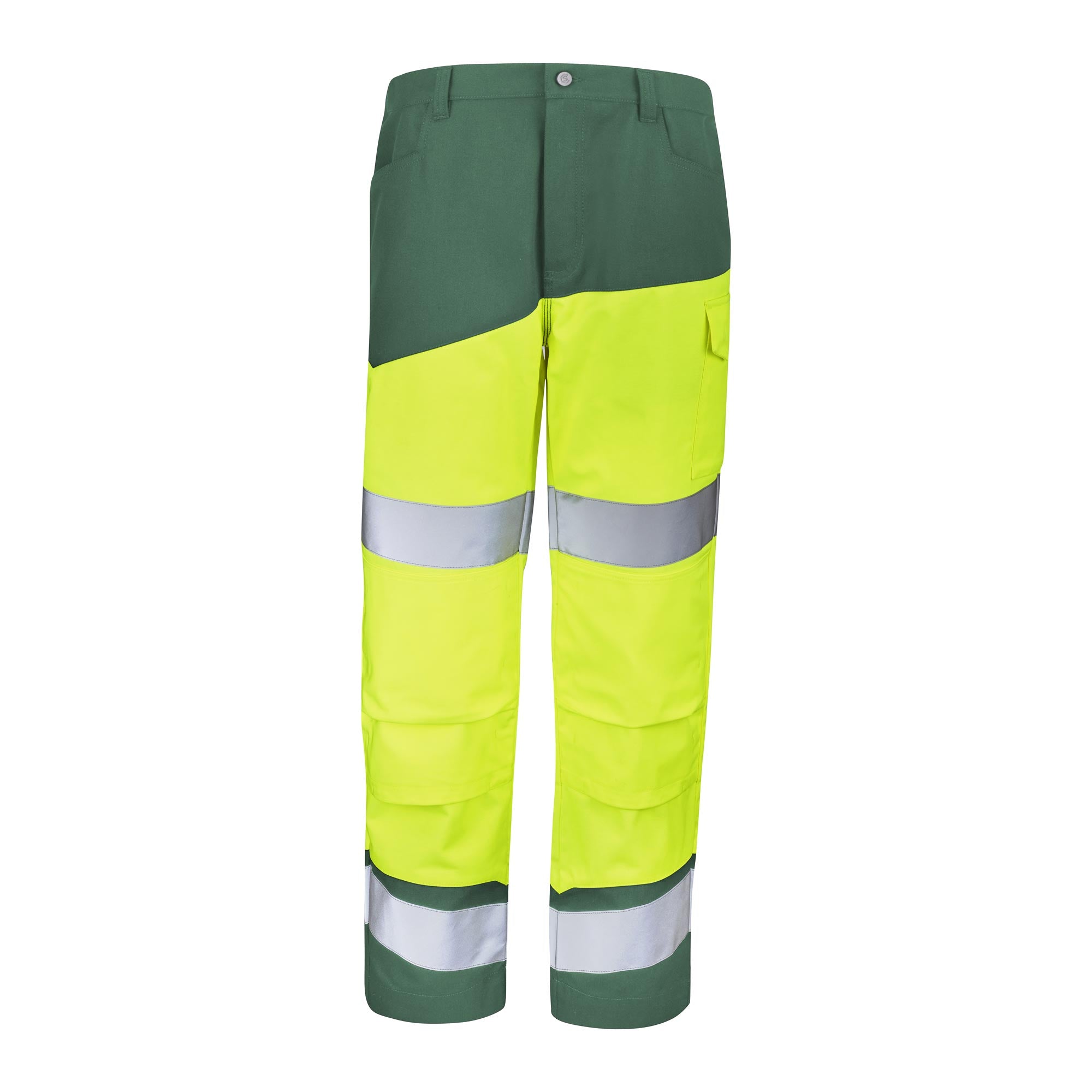 Pantalon poches genoux FLUO SAFE XP Jaune Fluo / Vert Amazonie Haute Visibilité de la marque Cepovett Safety - Photo face