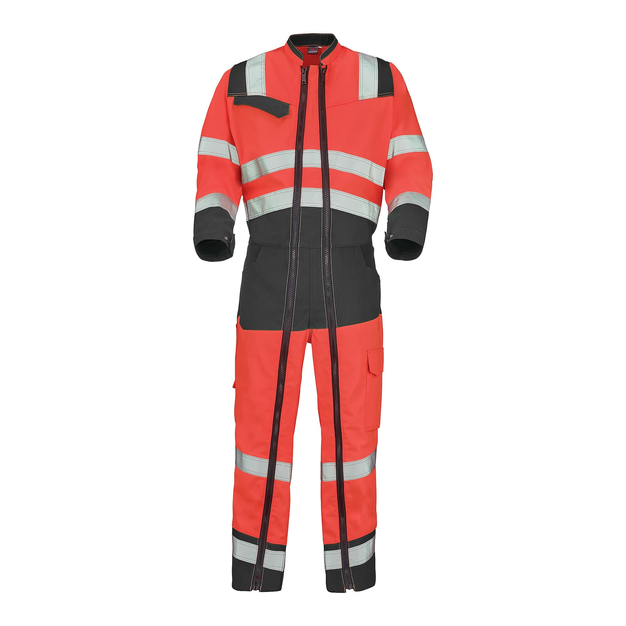 Combinaison 2 zip FLUO SAFE XP Rouge Fluo / Gris Convoy Haute Visibilité de la marque Cepovett Safety - Photo face