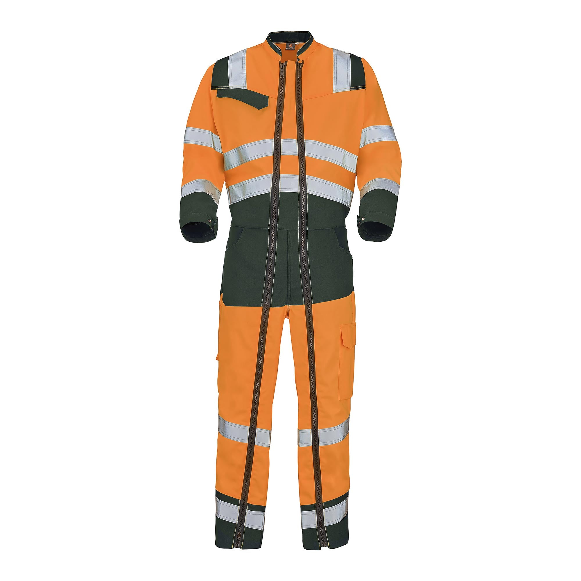 Combinaison 2 zip FLUO SAFE XP Orange Fluo / Vert US Haute Visibilité de la marque Cepovett Safety - Photo face