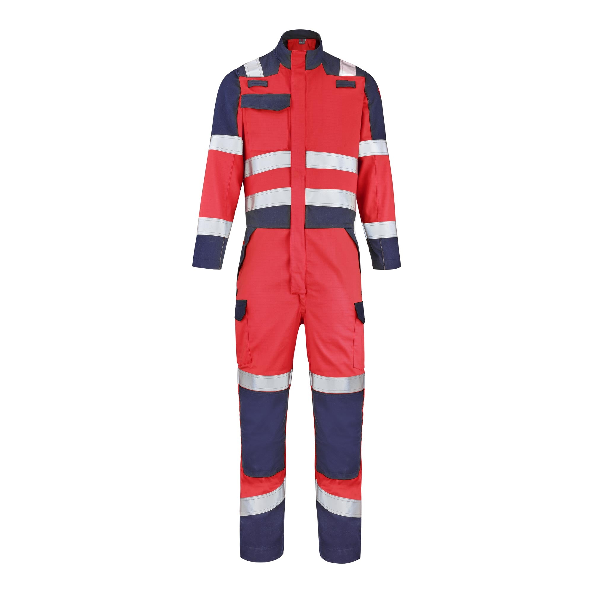 Combinaison 1 zip GALAN Rouge Fluo / Bleu Marine Multirisques de la marque Cepovett Safety - Photo face